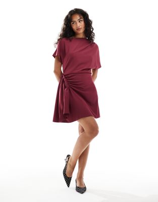 ASOS DESIGN drop shoulder twist detail mini dress in burgundy-Purple