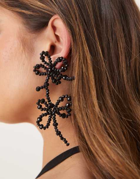 ASOS DESIGN drop-stud earrings in beaded double flower design in black - view 1