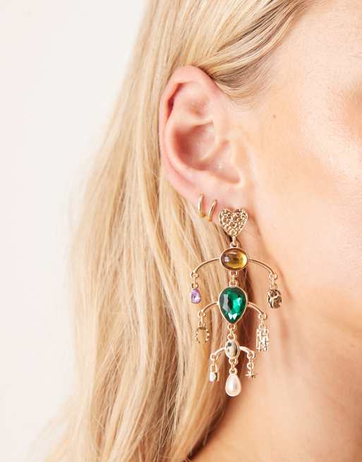 ASOS DESIGN drop stud earrings with charms and real semi-precious stones in gold tone, 2 of 3