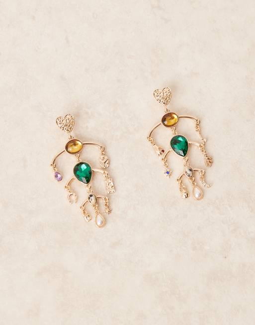 ASOS DESIGN drop stud earrings with charms and real semi-precious stones in gold tone, 3 of 3