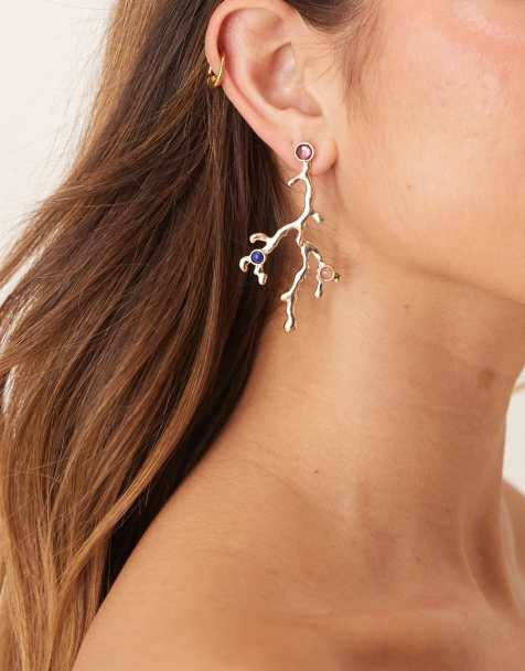 ASOS DESIGN drop stud earrings with coral shape design and faux gem-stones in gold tone - view 1