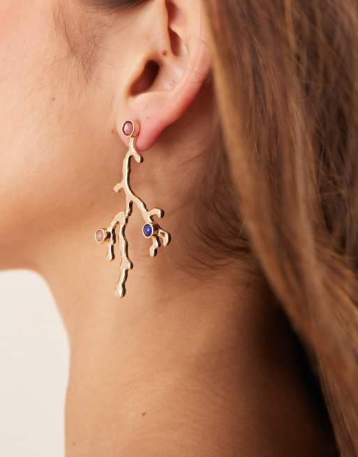 ASOS DESIGN drop stud earrings with coral shape design and faux gem-stones in gold tone, 2 of 3