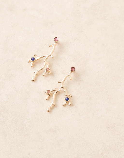 ASOS DESIGN drop stud earrings with coral shape design and faux gem-stones in gold tone, 3 of 3