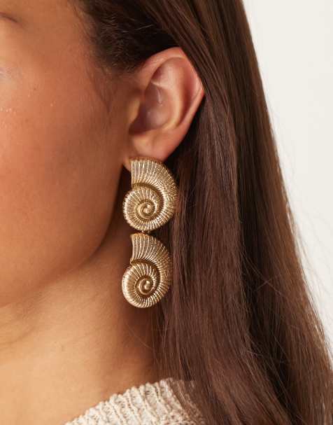 ASOS DESIGN drop stud earrings with double shell design in gold tone - view 1