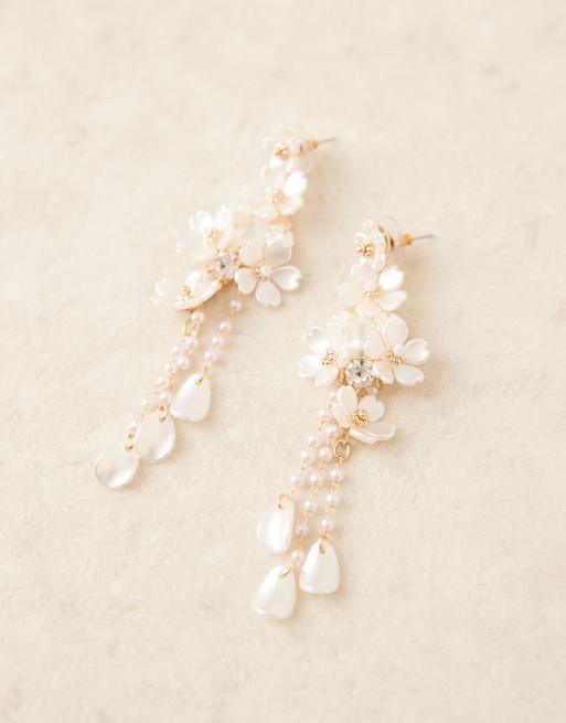 ASOS DESIGN drop stud earrings with flowers and faux pearls in gold tone