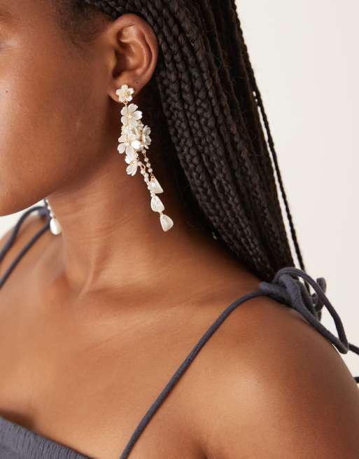 ASOS DESIGN drop stud earrings with flowers and faux pearls in gold tone