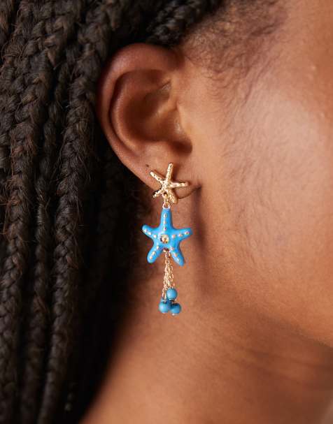 ASOS DESIGN drop stud earrings with mini starfish design and tassels in blue and gold tone - view 1