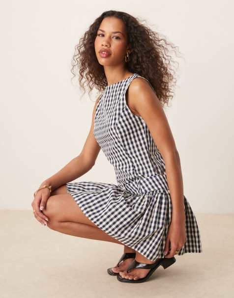 ASOS DESIGN drop waist belted mini dress in navy and white checkerboard - view 1