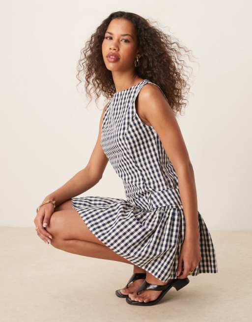 ASOS DESIGN drop waist belted mini dress in navy and white checkerboard