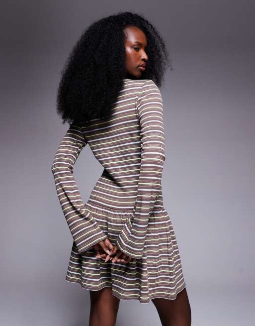 ASOS DESIGN drop waist button through dress in brown stripe, 2 of 4