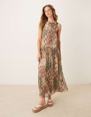 drop waist chiffon maxi dress in snake print-Multi