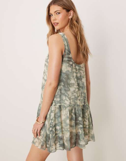 ASOS DESIGN drop waist chiffon mini dress in green abstract print