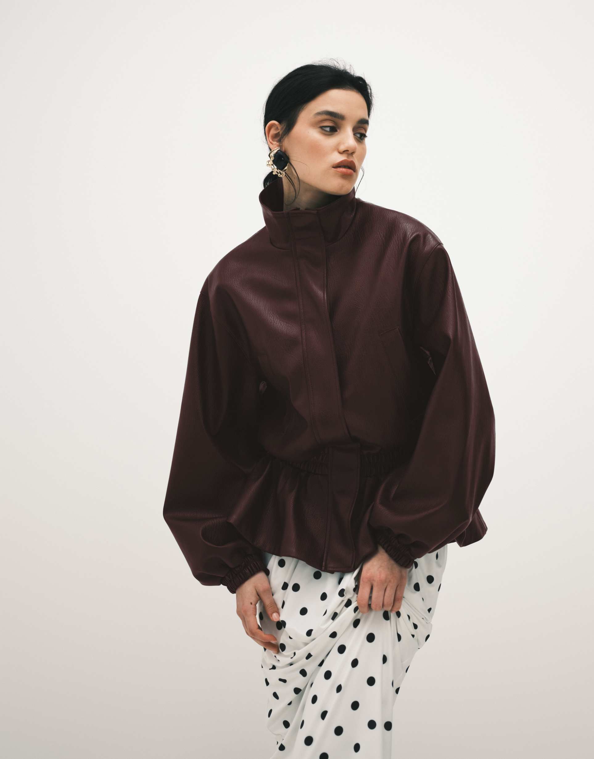 asos design drop waist cinched leather look jacket in burgundy