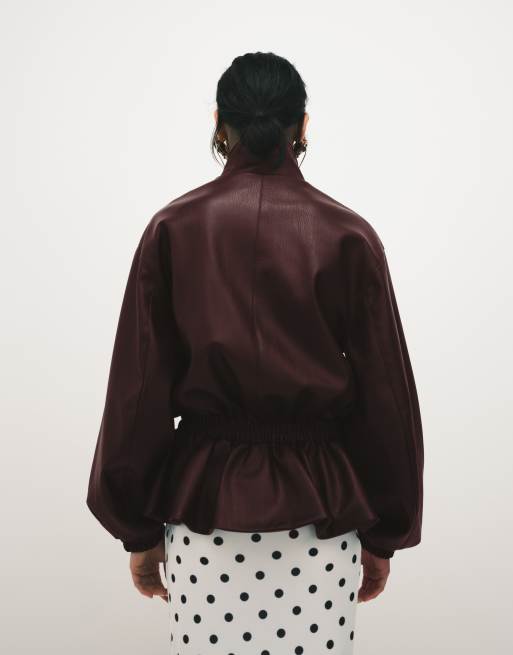 ASOS DESIGN drop waist cinched leather look jacket in burgundy, 4 of 4