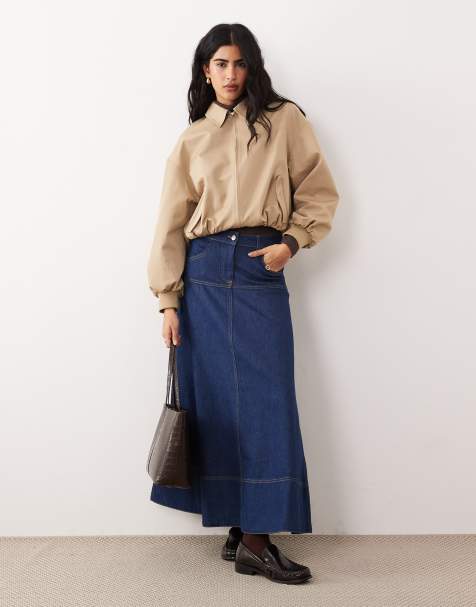 ASOS DESIGN drop waist denim circle skirt in mid blue