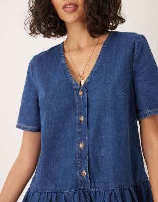 ASOS DESIGN drop waist denim V-neck mini dress in indigo