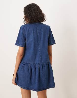 ASOS DESIGN drop waist denim V-neck mini dress in indigo