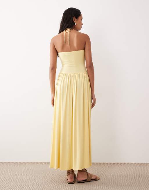 yellow drop waist dress Butter Sleeveless Maxi with Ruching 96% Polyester Lyla Yellow Strapless Drop Waist