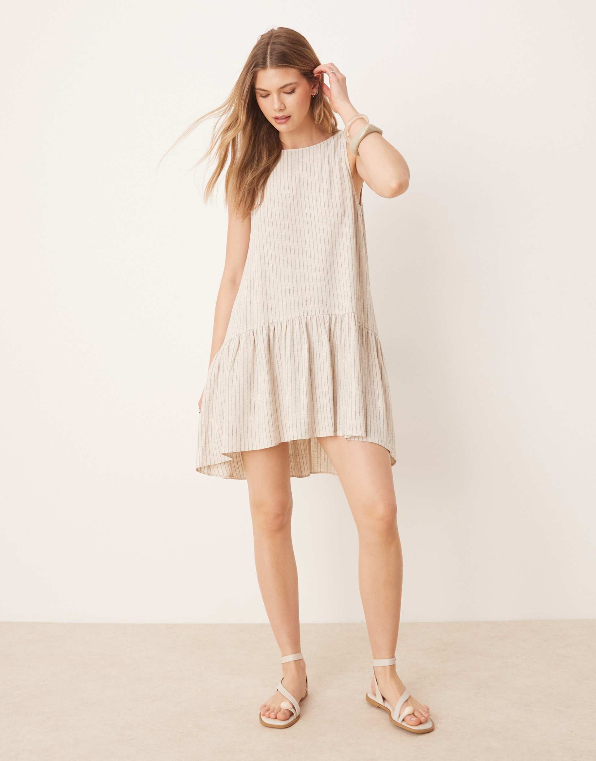 asos design drop waist linen blend mini dress in natural stripe