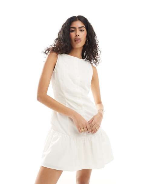 ASOS DESIGN drop waist linen mini dress in ivory - view 1