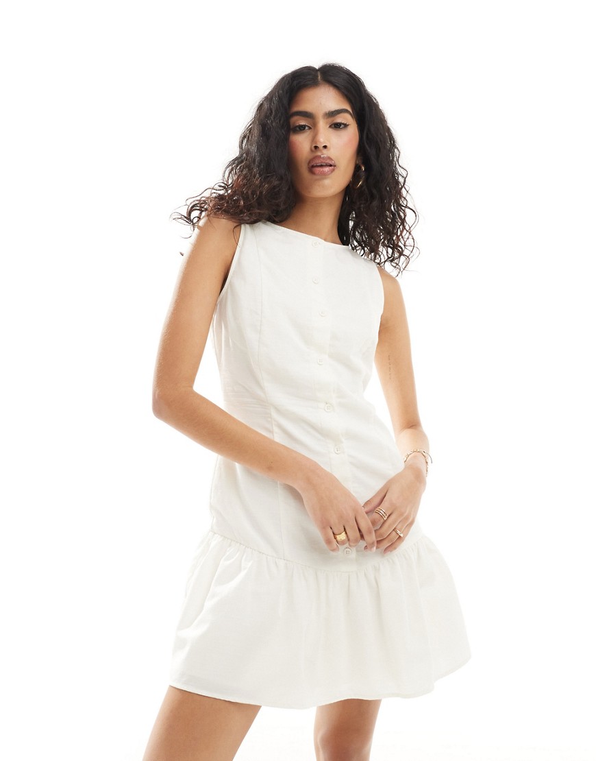 ASOS DESIGN drop waist linen mini dress in ivory-White