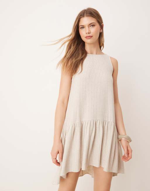 ASOS DESIGN drop waist linen mini dress in natural stripe, 3 of 4