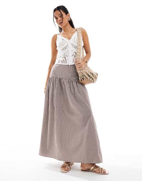 ASOS DESIGN drop waist maxi skirt in brown gingham - view 1
