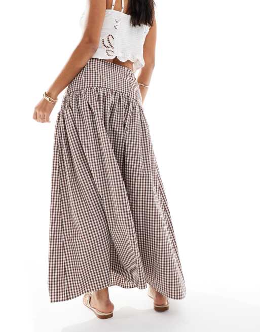 ASOS DESIGN drop waist maxi skirt in brown gingham