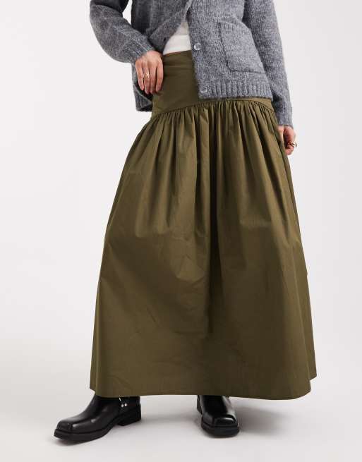 ASOS DESIGN drop waist maxi skirt in khaki