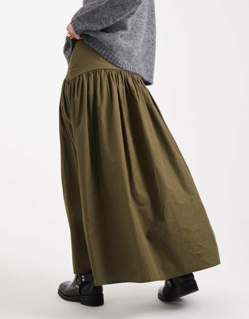 ASOS DESIGN drop waist maxi skirt in khaki