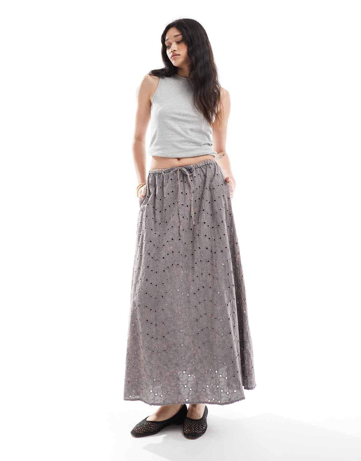 ASOS DESIGN drop waist maxi skirt in laundered / washed
