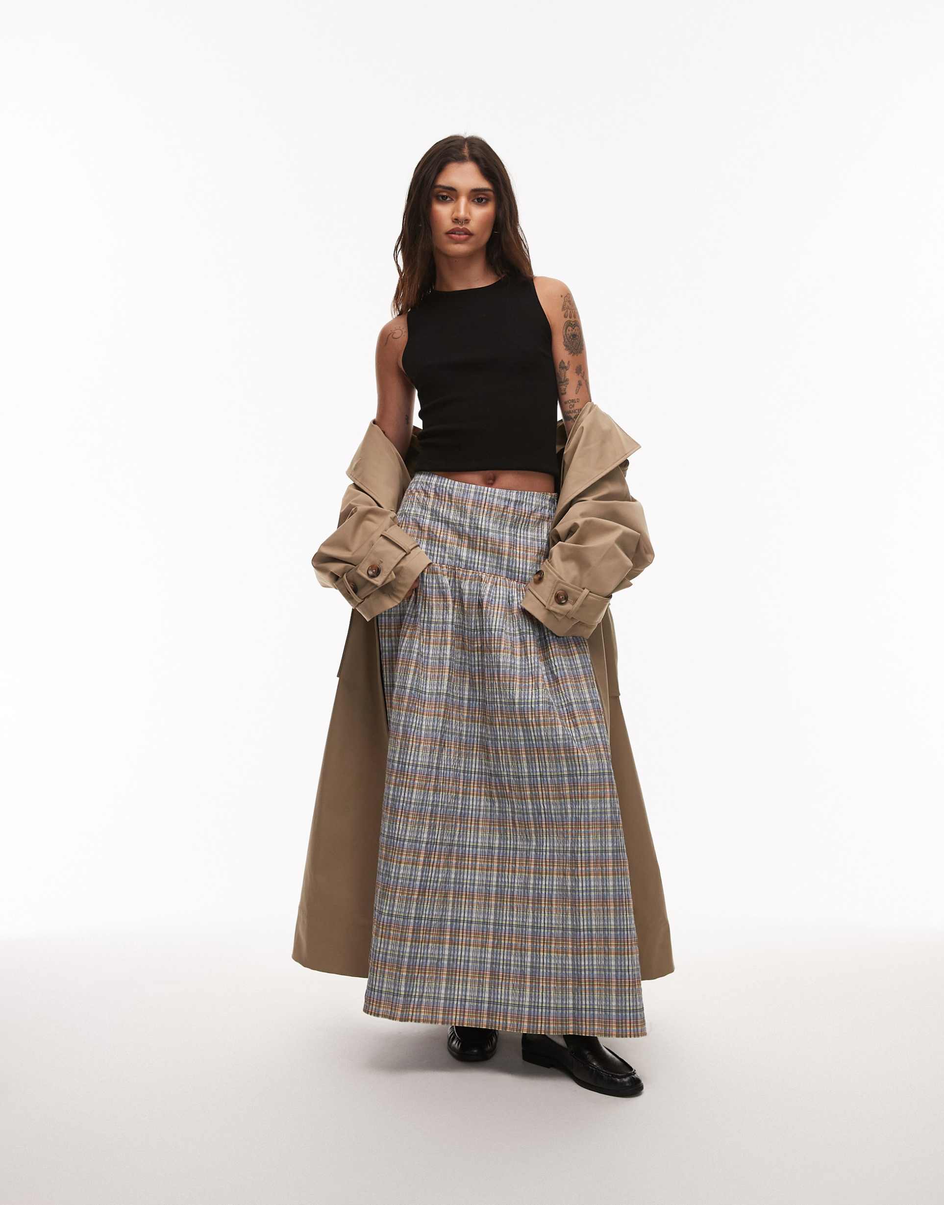 asos design drop waist maxi skirt in plaid