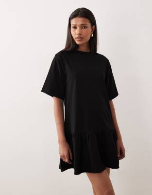Asos Design Short Sleeve Dropped Waist Peplum T-shirt Mini Dress In Black