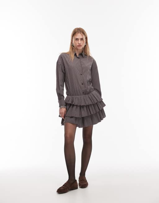 ASOS DESIGN drop waist mini shirt dress with pleated skirt in brown and blue stripe