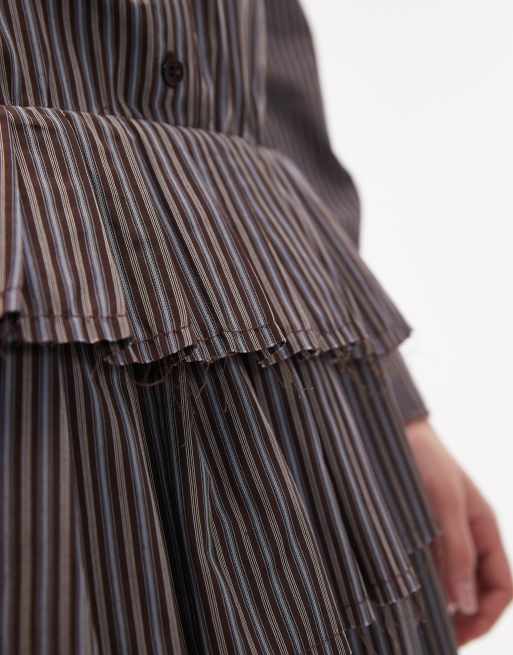 ASOS DESIGN drop waist mini shirt dress with pleated skirt in brown and blue stripe