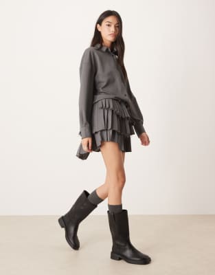 Asos Design Drop Waist Mini Shirt Dress With Pleated Skirt In Gray Stripe by ASOS
