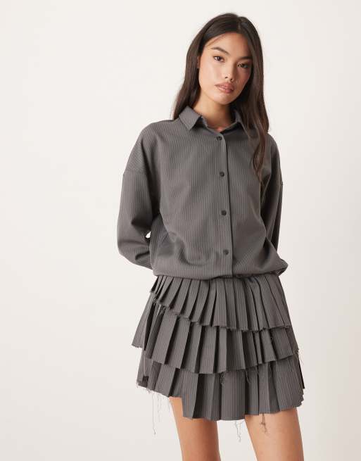 ASOS DESIGN drop waist mini shirt dress with pleated skirt in gray stripe