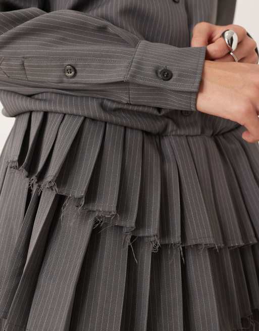 ASOS DESIGN drop waist mini shirt dress with pleated skirt in gray stripe