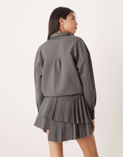 ASOS DESIGN drop waist mini shirt dress with pleated skirt in gray stripe