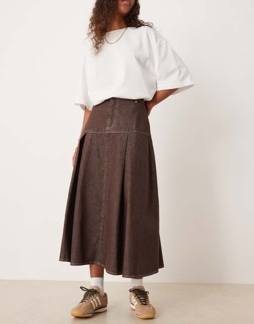 ASOS DESIGN drop waist pleated denim circle skirt in indigo