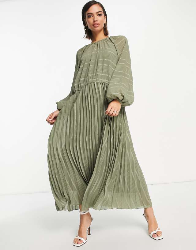 ASOS DESIGN drop waist pleated hem maxi smock dress in self stripe in khaki