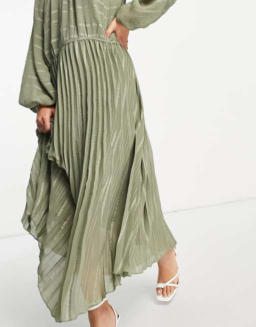 ASOS DESIGN drop waist pleated hem maxi smock dress in self stripe in khaki, 3 of 4