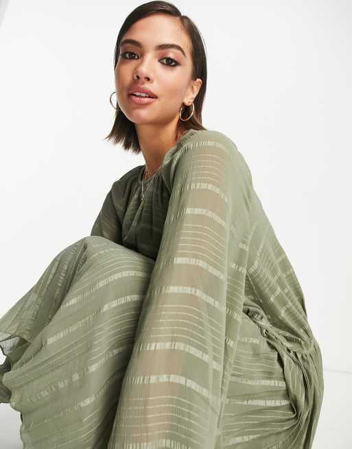 ASOS DESIGN drop waist pleated hem maxi smock dress in self stripe in khaki, 4 of 4