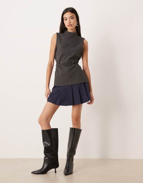 ASOS DESIGN drop waist pleated mini skirt in navy - view 1