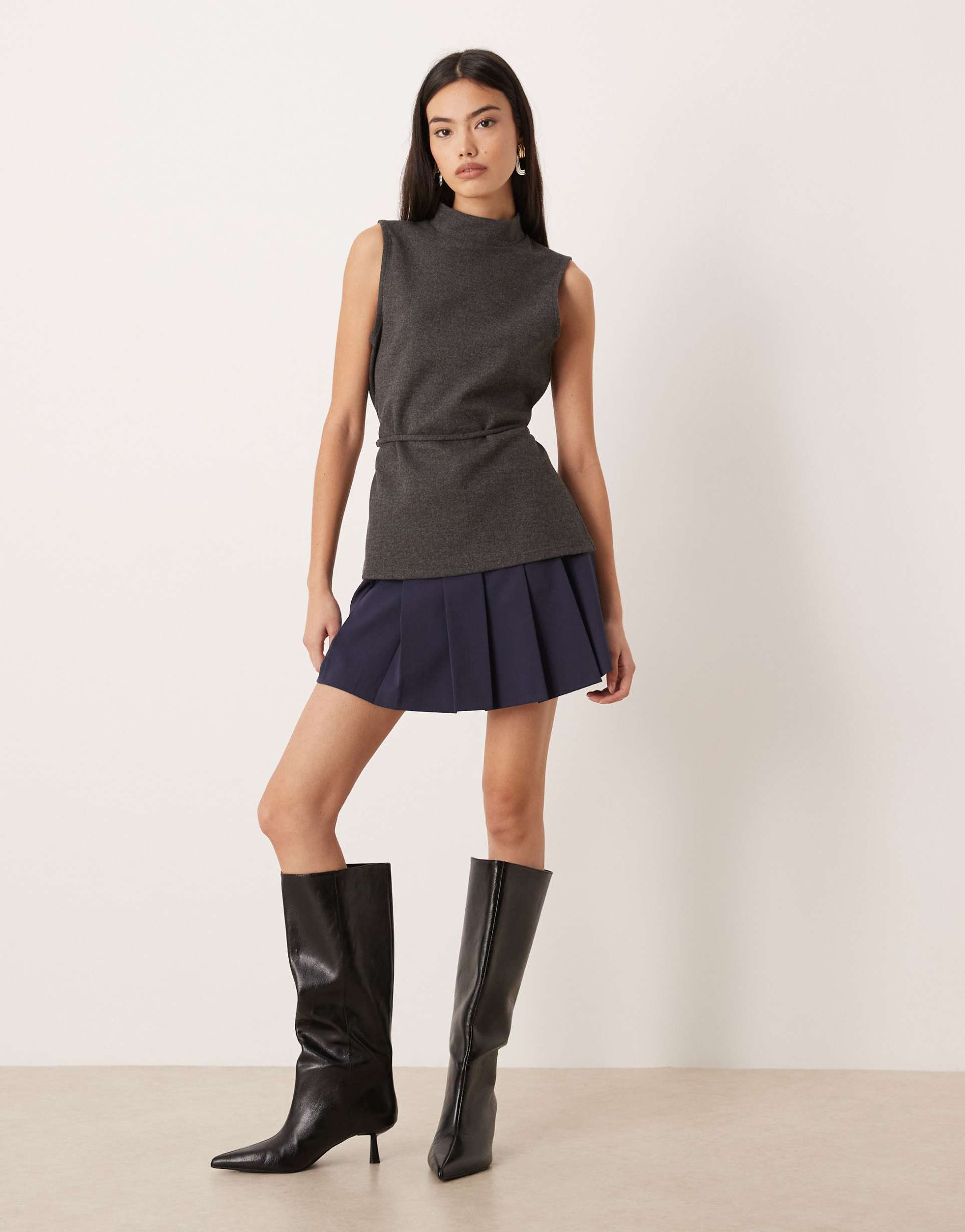 asos design drop waist pleated mini skirt in navy