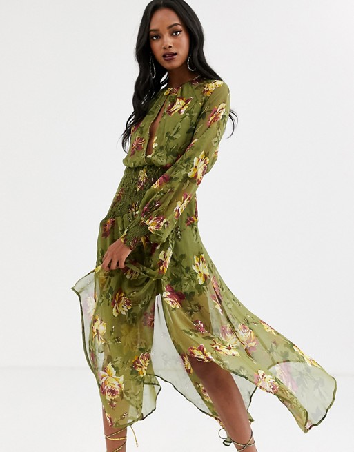 ASOS DESIGN drop waist shirred floral midaxi dress
