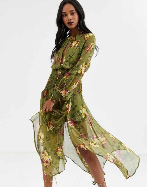 ASOS DESIGN drop waist shirred floral midaxi dress | ASOS