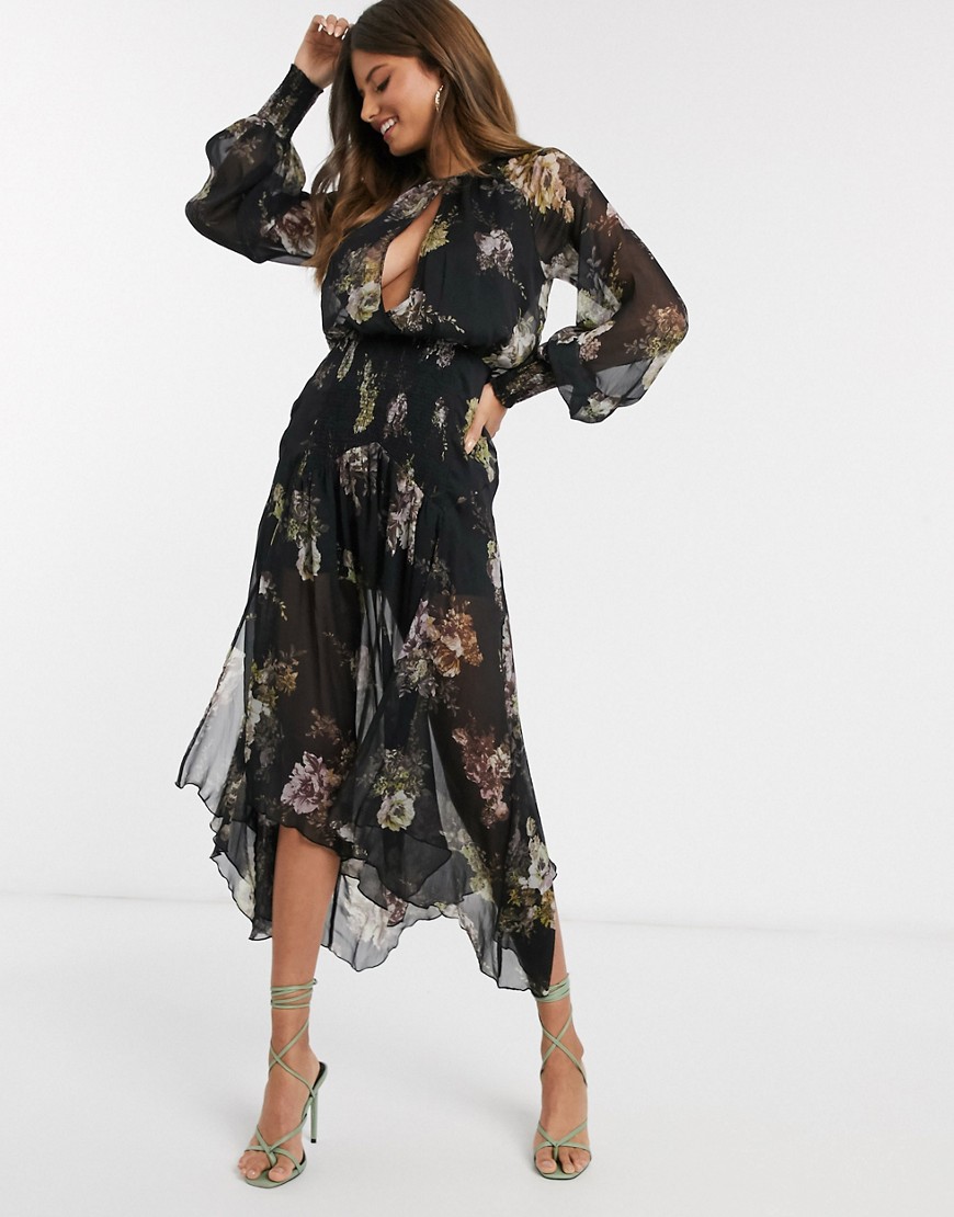 Asos Design Drop Waist Shirred Floral Midaxi Dress-multi