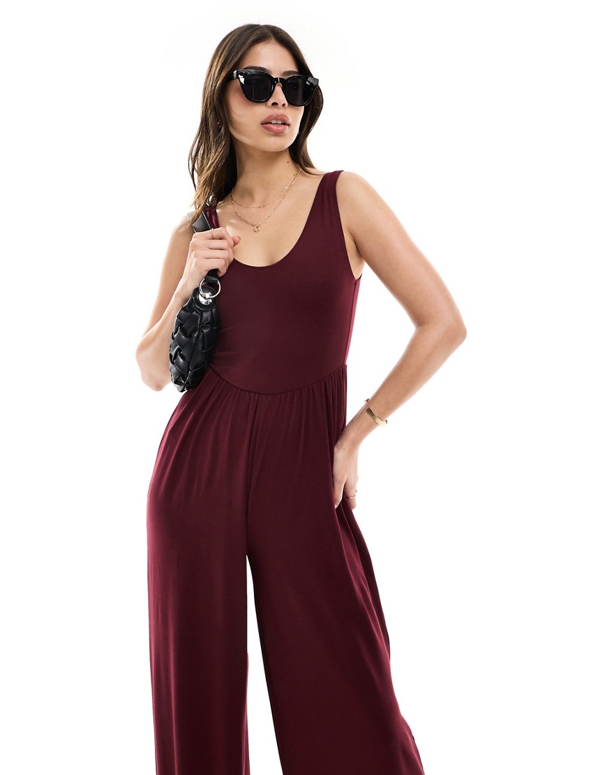 ASOS DESIGN drop waist soft touch jumpsuit in burgundy-Brown
