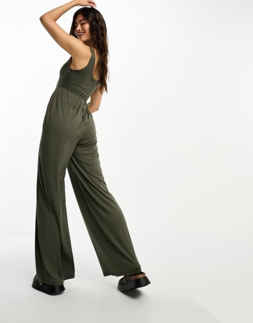 ASOS DESIGN jersey ribbed wide leg jumpsuit in black